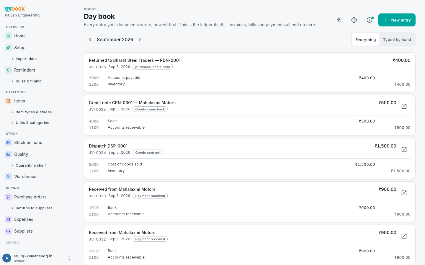 The day book: entries written by documents, each linking to its cause.